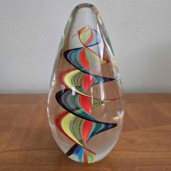 Rainbow Spiral Art Glass Paperweight | Teardrop Sculptural Décor - Picture 3 of 5